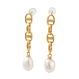 Natural Pearl Stud Earrings for Women, Sterling Silver Oval Link Dangle Earrings
