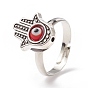 Alloy Hamsa Hand with Lampwork Evil Eye Adjustable Ring, Platinum Plated Brass Jewelry for Women