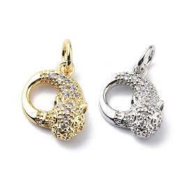 Brass Micro Pave Cubic Zirconia Charms, with Jump Ring, Leopard/Cheetah Head Charms
