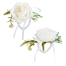 CRASPIRE 2Pcs Silk Wrist, with Plastic Imitation Flower and Imitation Pearl Stretch Bracelets, for Wedding, Party Decorations