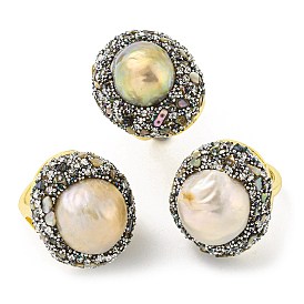 Anillo abierto de concha de abulón natural con diamantes de imitación, anillo de dedo de latón