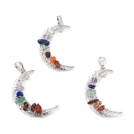 Natural Gemstone Chips Chakra Pendants, with Platinum Plated Brass Findings, Cadmium Free & Lead Free, Moon