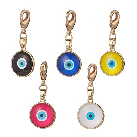 Evil Eye Glass Pendants Decorations, with 304 Stainless Steel Lobster Claw Clasp, Flat Round