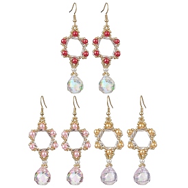 3Pairs 3 Colors GLass Dangle Earrings, with Acrylic Imitation Pearl Beads and 304 Stainless Steel Ear Wire, Flower