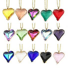 Glass Heart Pendant Necklaces, Brass Cable Chain Necklaces for Women, Golden