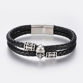 Braided Leather Cord Multi-strand Bracelets, with 304 Stainless Steel Beads Findings and Magnetic Clasps, Skull