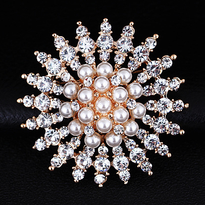 Imitation Pearl Alloy Flower Brooch, with Crystal Rhinestone
