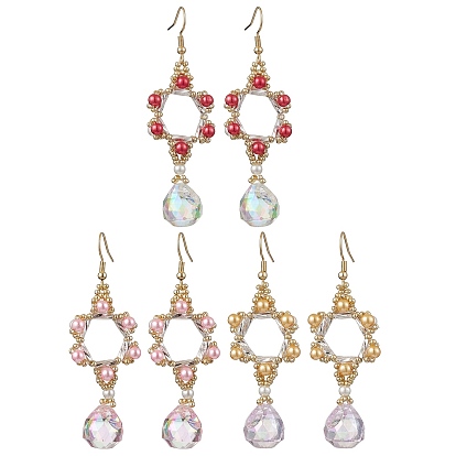 3Pairs 3 Colors GLass Dangle Earrings, with Acrylic Imitation Pearl Beads and 304 Stainless Steel Ear Wire, Flower