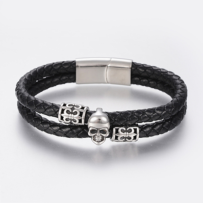 Braided Leather Cord Multi-strand Bracelets, with 304 Stainless Steel Beads Findings and Magnetic Clasps, Skull