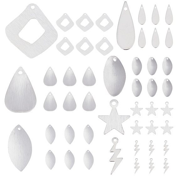 42Pcs 7 Style Brass Charms, Long-Lasting Plated, Star & Lightning & Leaf & Teardrop & Rhombus & Oval