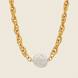Baroque Natural Freshwater Pearl Keshi Pearl Coin Pendant 304 Stainless Steel Rope Chain Necklaces for Women, White