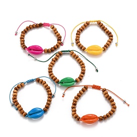 Kids Bracelets, Adjustable Waxed Polyester Cord Braided Bead Bracelets, with Natural Wood Beads, Spray Paint Cowrie Shell Beads and Brass Beads