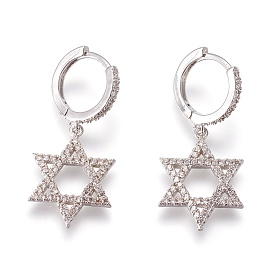 Brass Cubic Zirconia Hoop Earrings, Dangle Earrings, for Jewish, Star of David