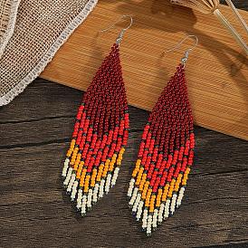 Bohemian Style Tassel Dangle Earrings, with Geometric Glass Beads Handmade