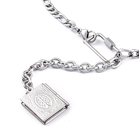 304 Stainless Steel Diffuser Locket Pendant Necklaces, Lariat Necklaces, with Figaro Chains & Cable Chains, Book with Tree of Life