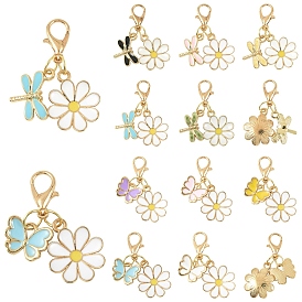 20pcs 10 Stil Blume Legierung Emaille Anhänger Dekorationen, mit Alu-Karabiner Schnallen, golden