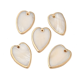 Natural Freshwater Shell Pendants, Heart Charms with Golden Tone Brass Edge