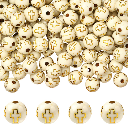 400 акриловые бусины с покрытием, золотой металл обвитыми, круглые с крестом