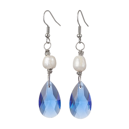 Glass Teardrop & Natural Pearl Dangle Earrings, Alloy Long Drop Earrings