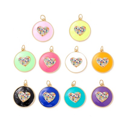 Eco-friendly Brass Micro Pave Colorful Cubic Zirconia Pendants, with Enamel and Jump Ring, Lead Free & Cadmium Free & Nickel Free, Flat Round with Heart