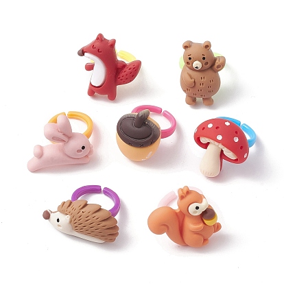 7 pcs 7 style 3 d animaux résine anneaux de manchette ouverts ensemble pour enfants, anneaux empilables