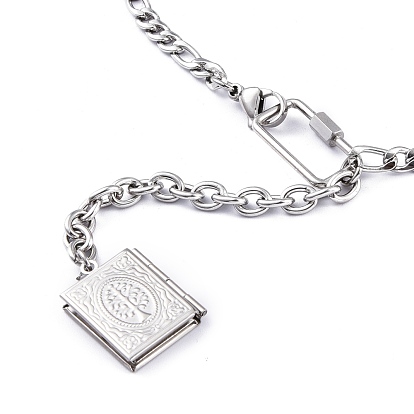 304 Stainless Steel Diffuser Locket Pendant Necklaces, Lariat Necklaces, with Figaro Chains & Cable Chains, Book with Tree of Life