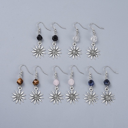 Tibetan Style Alloy Dangle Earrings, with Natural Gemstone Beads and Iron Earring Hooks, Flower