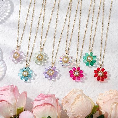 Стеклянные и стеклянные жемчужные бусины подвески ожерелья для женщин, с 304 кабельной цепью из нержавеющей стали, цветок