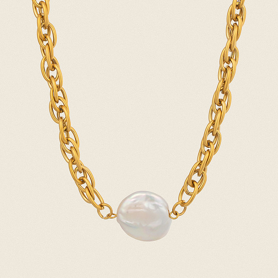 Baroque Natural Freshwater Pearl Keshi Pearl Coin Pendant 304 Stainless Steel Rope Chain Necklaces for Women, White