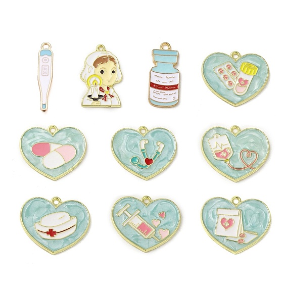 Подвески из сплава с эмалью медицинской тематики, золотые, термометр/стетоскоп/шапочка медсестры/шприц/брелок для бутылочки с лекарствами