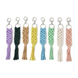 Handmade Macrame Nylon Thread Pendant Decorations, Alloy Clasps Charms for Bag or Keychain Ornaments, Rectangle