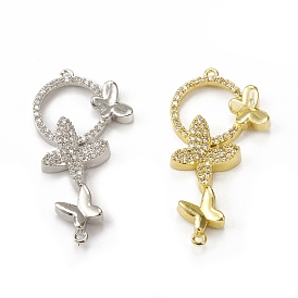 Brass Micro Pave Clear Cubic Zirconia Connector Charms, Ring Links with Butterfly