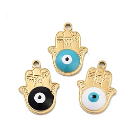 Ion Plating(IP) 316 Stainless Steel Enamel Pendants, Hamsa Hand with Evil Eye Charm, Real 18K Gold Plated