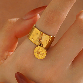 304 Stainless Steel Cuff Open Rings, Flat Round & Sun, Dangle Charm Wide Band Rings