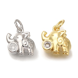 Rack Plating Brass Micro Pave Cubic Zirconia Charms, Cadmium Free & Lead Free, Long-Lasting Plated, Elephant