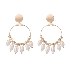 Natural Pearl Dangle Stud Earrings, Brass Big Ring Drop Earrings for Women