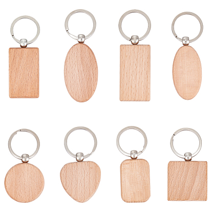 Beech Wood Keychain, with Platinum Plated Iron Split Key Rings and Alloy Connectors, Rectangle/Heart/Oval/Flat Round