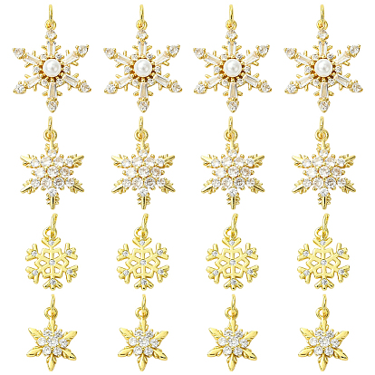 16 шт. 4 стили рождественская стойка позолоченные латунные подвески, снежинка, с кубического циркония, без свинца и без кадмия, долгоиграющий