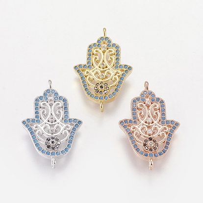 Brass Micro Pave Cubic Zirconia Links, Hamsa Hand/Hand of Fatima /Hand of Miriam, Nickel Free & Lead Free & Cadmium Free