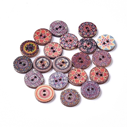 Printed Poplar Wood Buttons, 2-Hole, Dyed, Flat Round with Flower Pattern