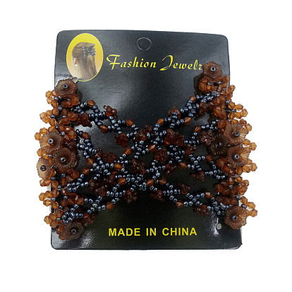 Iron Hair Bun Makers, Stretch Double Hair Combs, with Acrylic and Glass Seed Beads