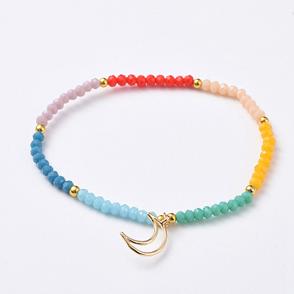 Chakra bijoux, bracelets de charme, avec des perles de verre rondelles facettées et des breloques en laiton plaqué or 18 k véritable, lune