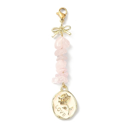 Natural Rose Quartz Chip Beaded Pendant Decorations, Valentine's Day Alloy Enamel Charms and 304 Stainless Steel Lobster Claw Clasps, Heart & Tulip & Bowknot