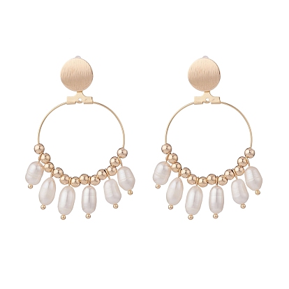 Natural Pearl Dangle Stud Earrings, Brass Big Ring Drop Earrings for Women