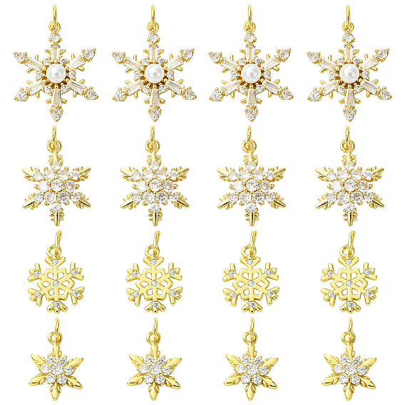 16 шт. 4 стили рождественская стойка позолоченные латунные подвески, снежинка, с кубического циркония, без свинца и без кадмия, долгоиграющий