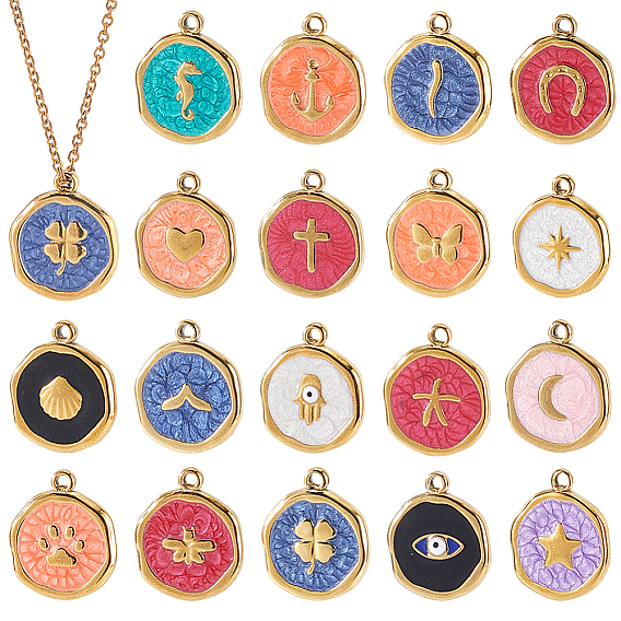 18шт. 18 стили подвесок из нержавеющей стали с эмалью, плоские круглые прелести, золотые, разноцветные