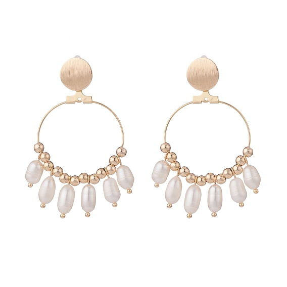 Natural Pearl Dangle Stud Earrings, Brass Big Ring Drop Earrings for Women