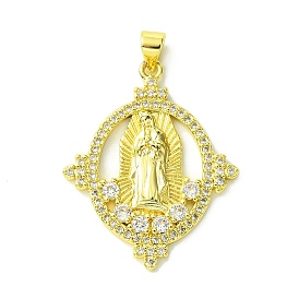 Brass Micro Pave Clear Cubic Zirconia Pendants, Rhombus with Goddess