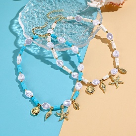 Подвеска в форме морской ракушки и морской звезды из сплава, пластиковый жемчуг и окрашенная синтетическая бирюза, квадратные бусины, золотые