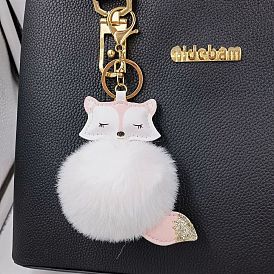 Fox Plush Leather Keychain with Fox Head Toy and Pom-Pom Backpack Pendant
